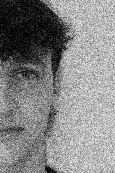 Photoshopped image of a face in a grainy black and white.